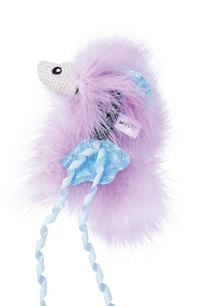 A fluffy purple and light blue cat toy shaped like a small hedgehog or mouse, with a white nose, black eyes, a small white tag, and two twisted light blue tail-like strings, photographed on a white background at Pet Servo