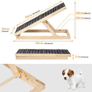 Wooden pet ramp with measurements and a small dog for scale on a white background at Pet Servo