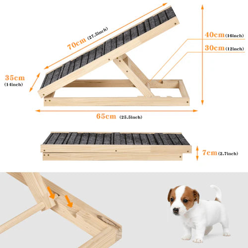 Wooden pet ramp with measurements and a small dog for scale on a white background at Pet Servo