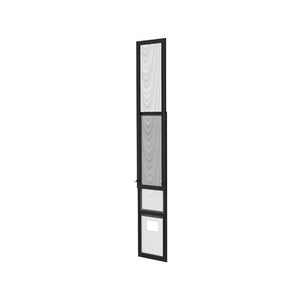 A black mesh patio pet door with a retractable aluminum frame and clear panels at Pet Servo