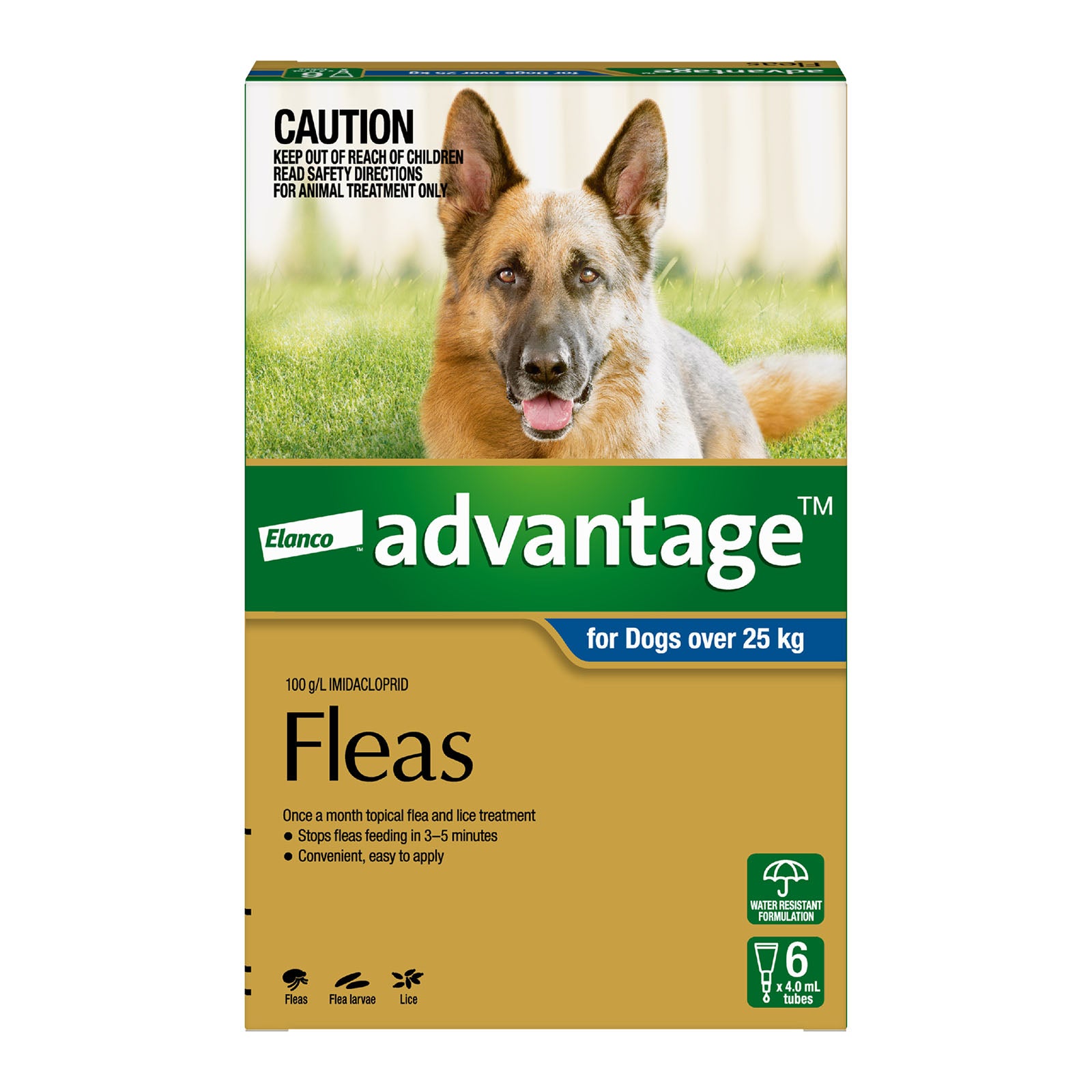 Elanco Advantage flea treatment packaging for dogs over 25 kg on a white background at Petservo.