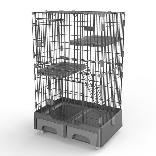 YES4PETS 134cm Grey 3-Level Cat Cage with Tray & Storage - Pet Servo