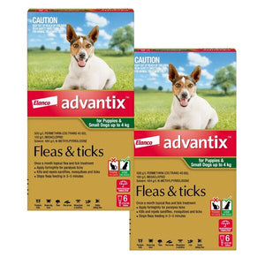 Two boxes of Elanco Advantix for dogs with a dog on the label against a grassy field background at Pet Servo