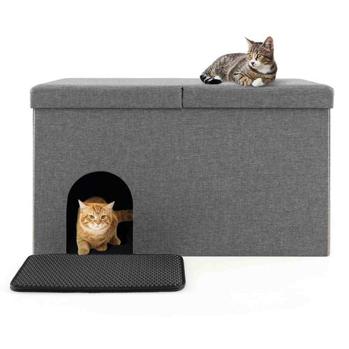 Costway - Cat Litter Box Enclosure House Shoe Storage Bench Pet Furniture w/Flip-up Lid & Litter - Mat Grey