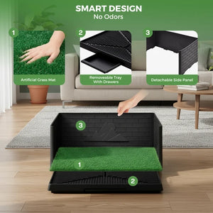 A pet ramp product shown in a staged living room with numbered callout panels explaining features: artificial grass mat, removable tray with drawers, and detachable side panel. The main product is a black ramp with a green grass-textured top surface at Pet Servo