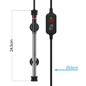 Temperature control device with digital display and measurement details on a white background