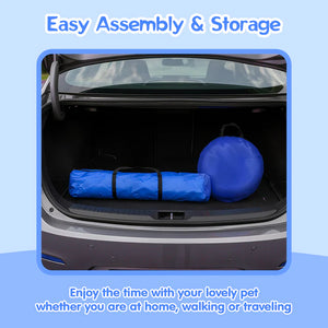 Car trunk with blue pet supplies and text about easy assembly and storage.