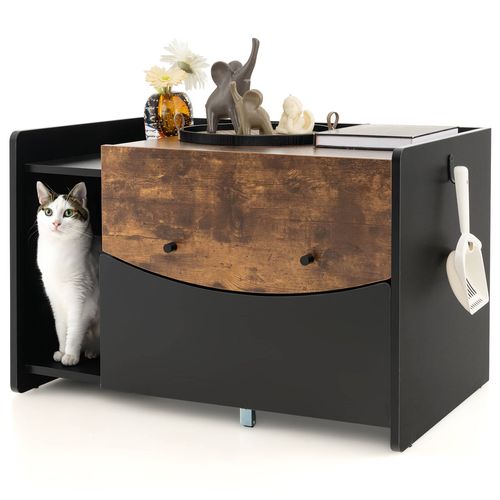 Costway - Cat Litter Box Pull-out Drawer Wooden Pet Furniture Living Room Entryway - Black