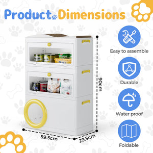 White storage cabinet with yellow accents and product dimensions on a white background at Pet Servo