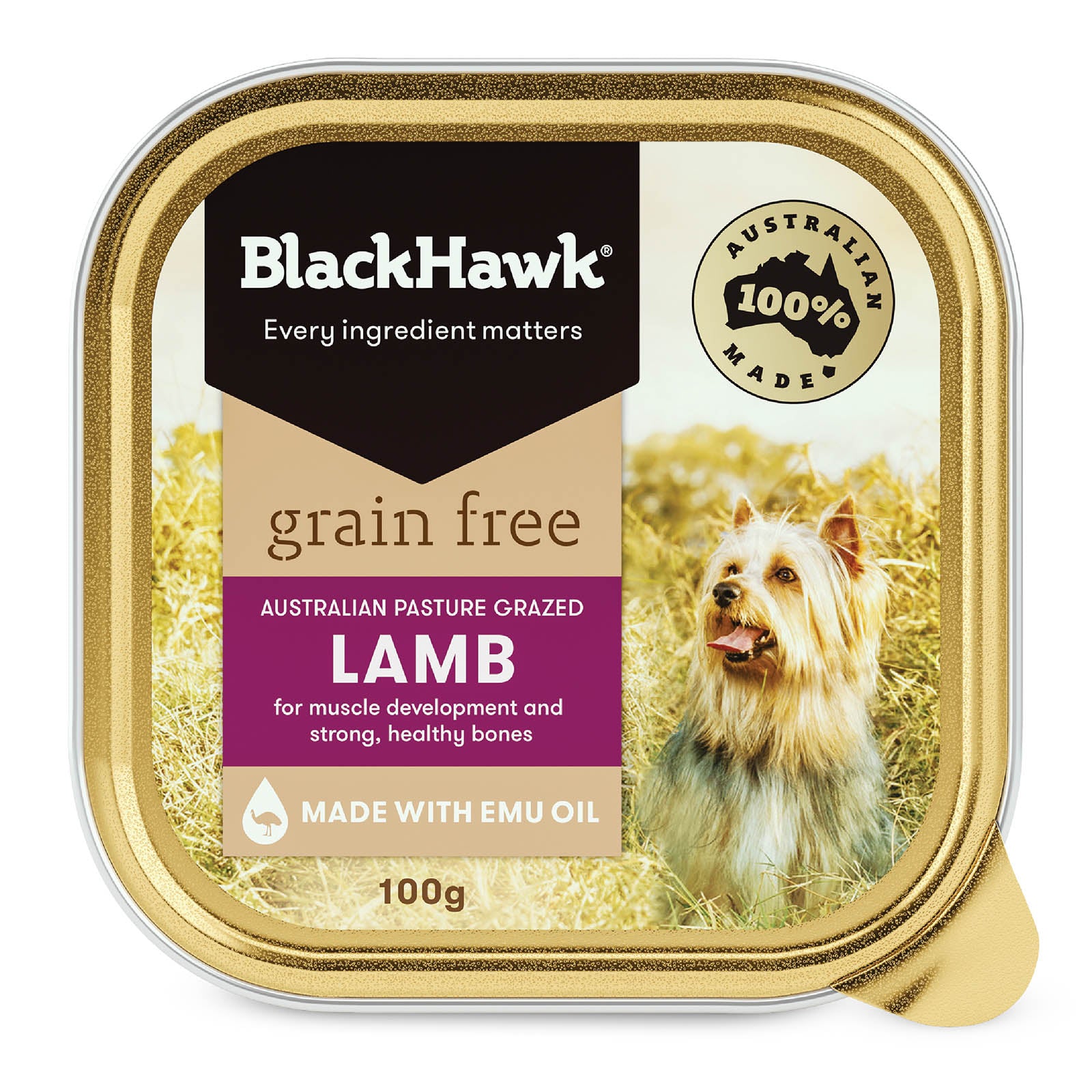 Black Hawk grain-free lamb dog food tray with a dog on the label