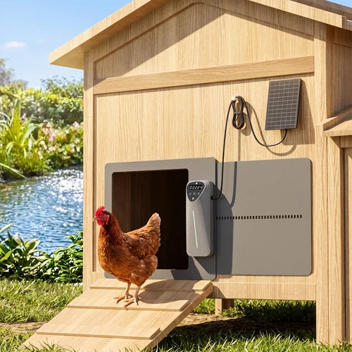 A wooden chicken coop with a ramp, digital door opener, and small solar panel, shown outdoors near water with a brown chicken standing at the entrance at Pet Servo