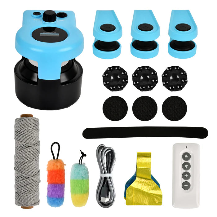 Collection of items including a blue and black device, spools of thread, colorful handles, and a remote control on a white background.