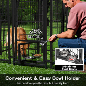 Person feeding a dog from a 360-degree rotating stainless steel bowl holder outdoors.