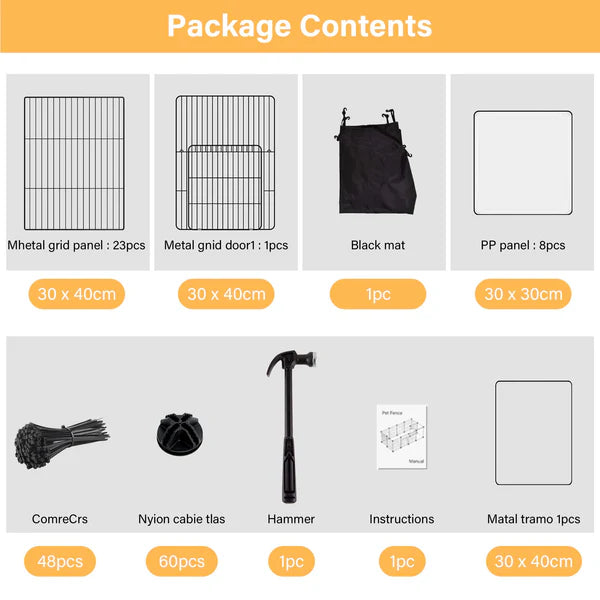 Package contents list with grid panels, door, mat, and tools on a gray background