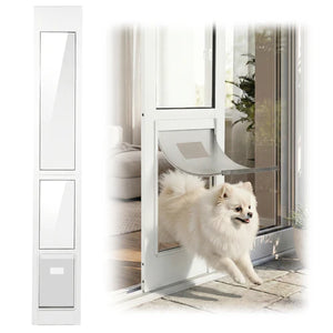 Dog using a pet door in a glass door at Pet Servo