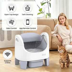 A white and gray automatic pet litter box shown in a living room setting with a woman sitting on a couch and a tabby cat standing nearby. The image includes feature callout graphics in the top left and bottom left, highlighting open top design, self-cleaning, odor control, app remote control, and 2 at Pet Servo