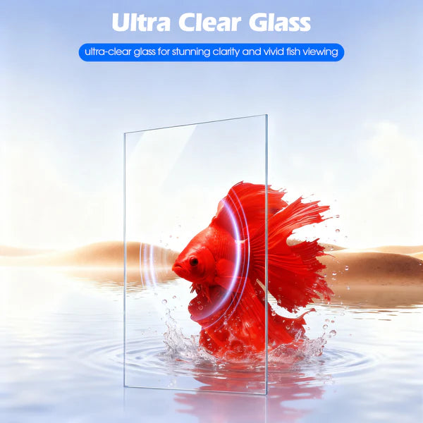 Ultra clear glass panel with a red fish in water, showcasing crystal-clear visibility.
