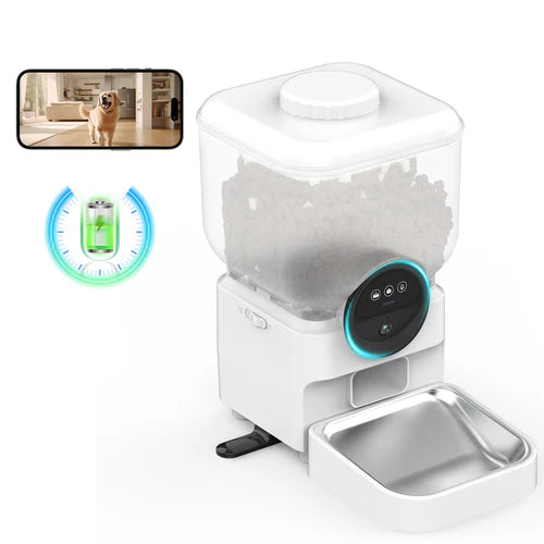 Pet feeding and water station with screen displaying a dog, battery icon, and timer at Pet Servo