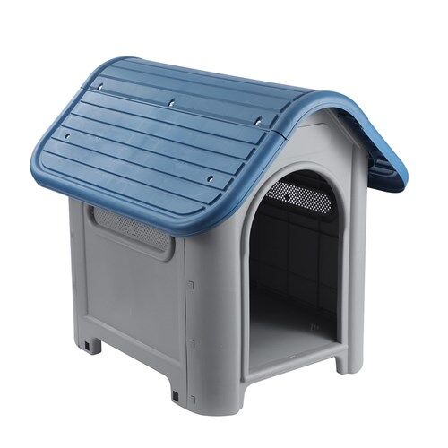 Pet house with blue roof and gray body on a white background at Pet Servo