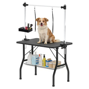 Dog grooming table with a dog on it, various grooming products, and tools on a white background at Pet Servo