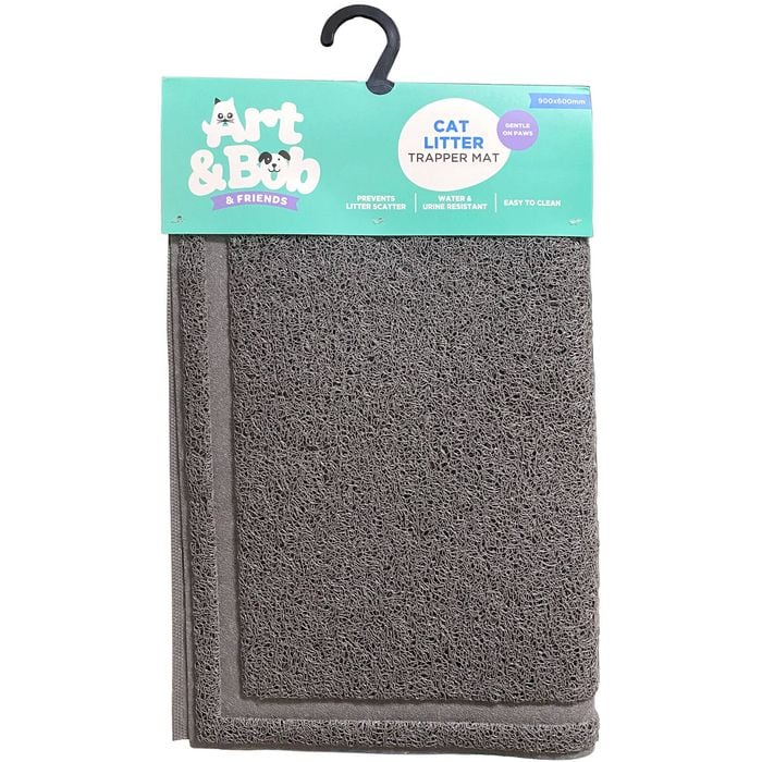 Gray cat litter trapper mat with packaging on a white background