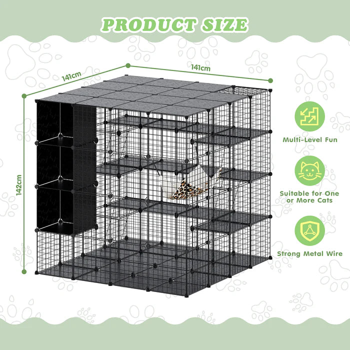 Black metal pet cage with dimensions and features on a green background at Pet Servo
