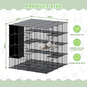 Black metal pet cage with dimensions and features on a green background at Pet Servo