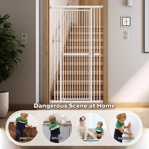White metal stair gate installed on a wooden staircase in a home interior, with the text 'Dangerous Scene at Home' and three circular inset lifestyle photos showing children and a dog in stair, kitchen, and pet safety scenarios at PET SERVO