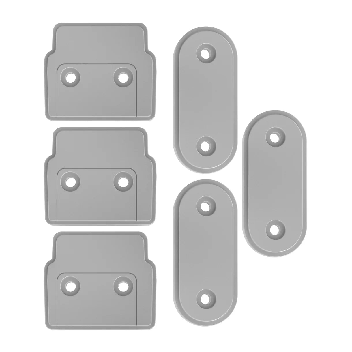Set of gray car floor mats with multiple shapes on a white background
