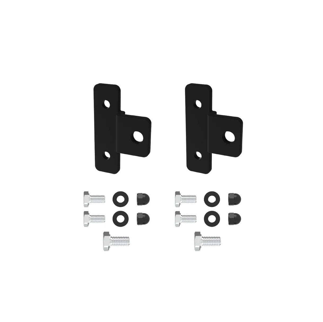 Set of black metal brackets and screws on a white background