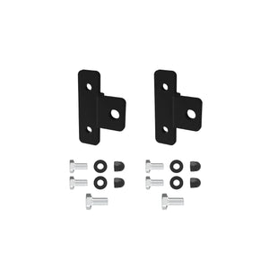 Set of black metal brackets and screws on a white background