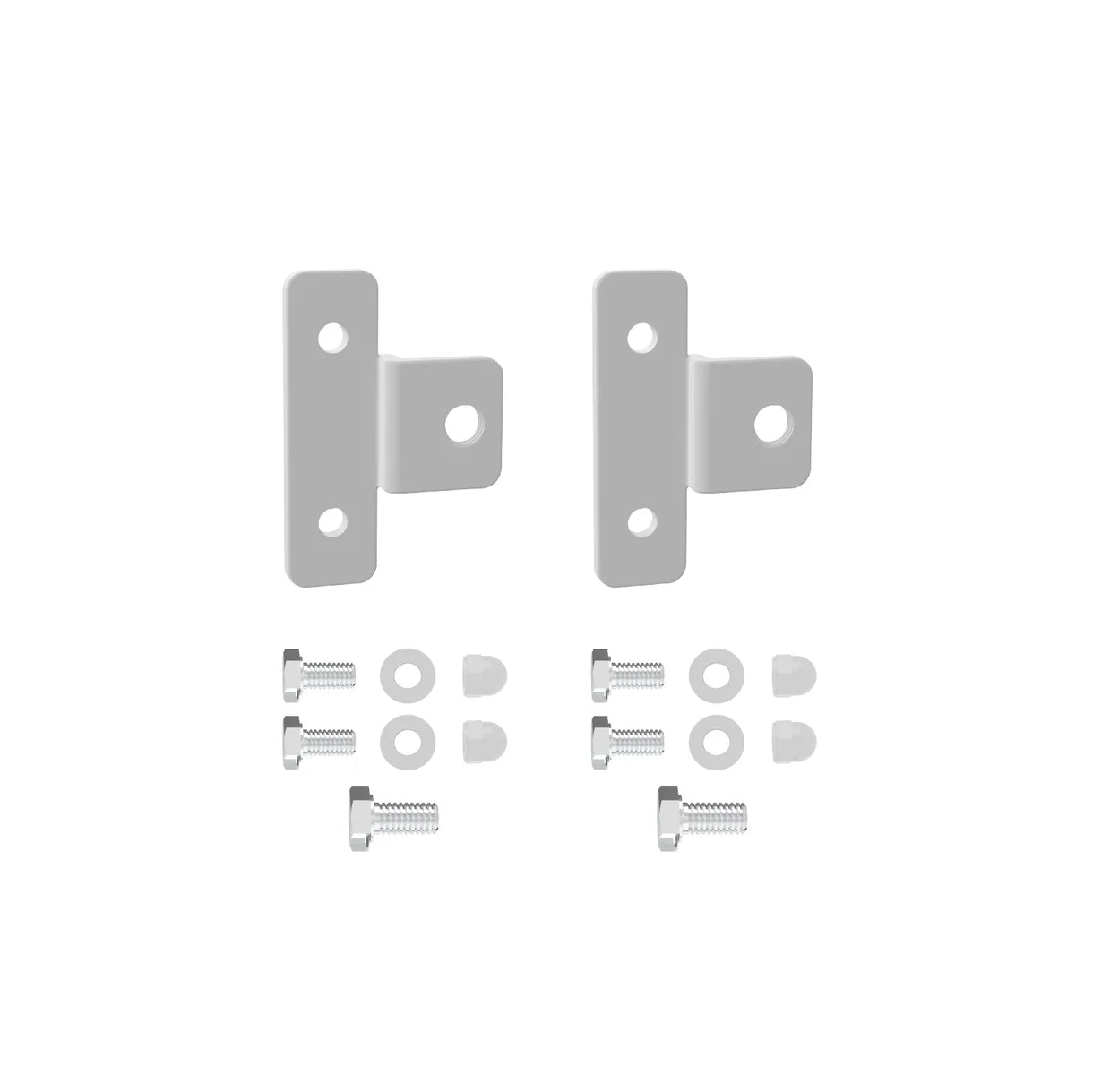 Set of metal brackets and screws on a white background