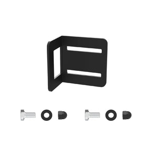 Black metal bracket with screws and washers on a white background