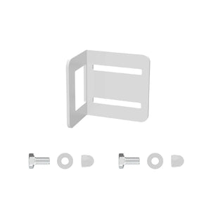 White metal bracket with screws and washers on a white background