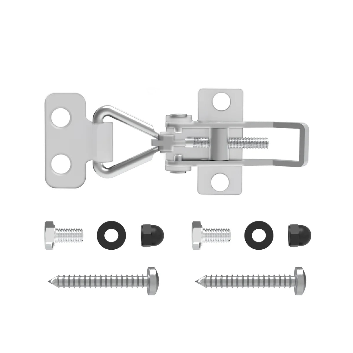 Metal cabinet hinge with screws and washers on a white background