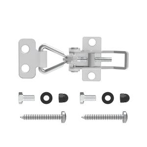 Metal cabinet hinge with screws and washers on a white background
