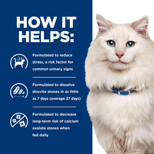 White cat with a blue collar on a white background, featuring text about pet product benefits.