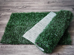 Roll of artificial grass on a wooden floor at Pet Servo