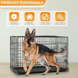 Dog standing inside a black metal crate with product functions listed above.