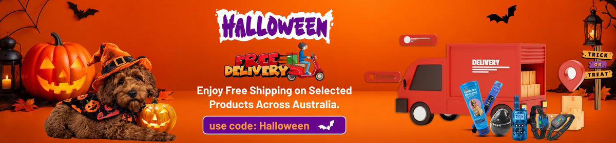 Halloween-themed promotional banner with a dog dressed as a witch, jack-o'-lanterns, a red delivery truck, and assorted products on a bright orange background. Text reads 'Halloween Delivery' and 'Enjoy Free Shipping on Selected Products Across Australia' with a purple 'use code: Halloween' button.