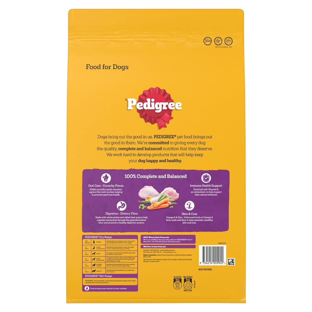 Back view of a Pedigree dog food bag in bright yellow with a purple information panel and product details printed on it.