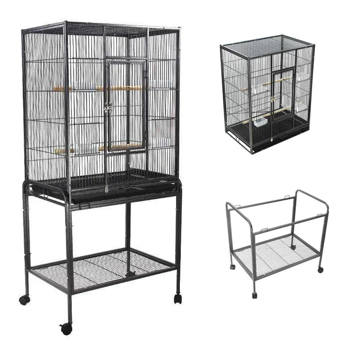 Set of three black bird cages on a white background