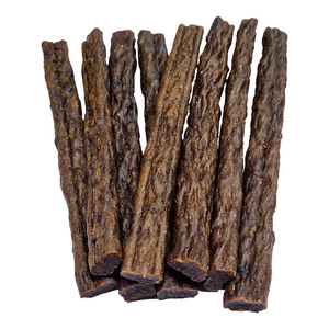 A pile of dark brown textured jerky sticks on a plain white background.
