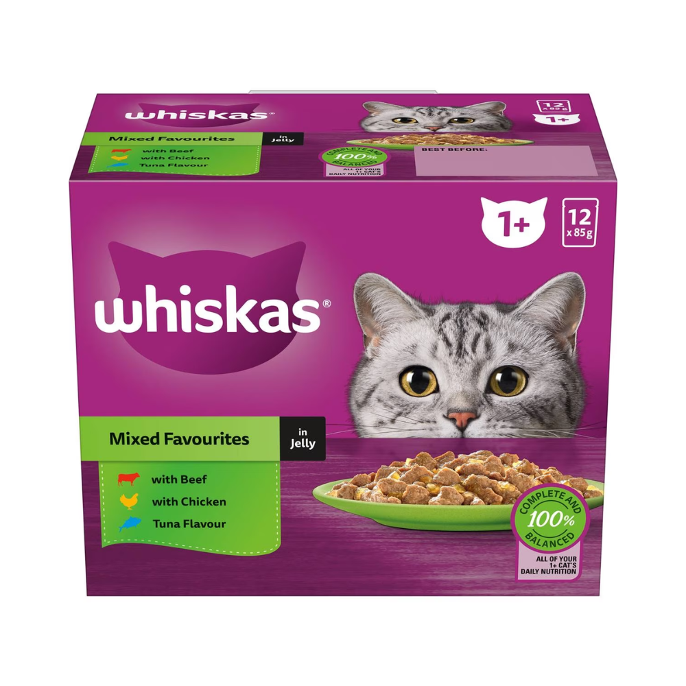 Whiskas Adult 1+ Wet Cat Food Mixed Jelly 85g x 12 Pack - Pet Servo-1
