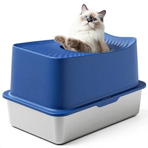 A blue and white plastic cat litter box with a fluffy cream-colored cat sitting inside the top opening, photographed on a clean white background at Pet Servo