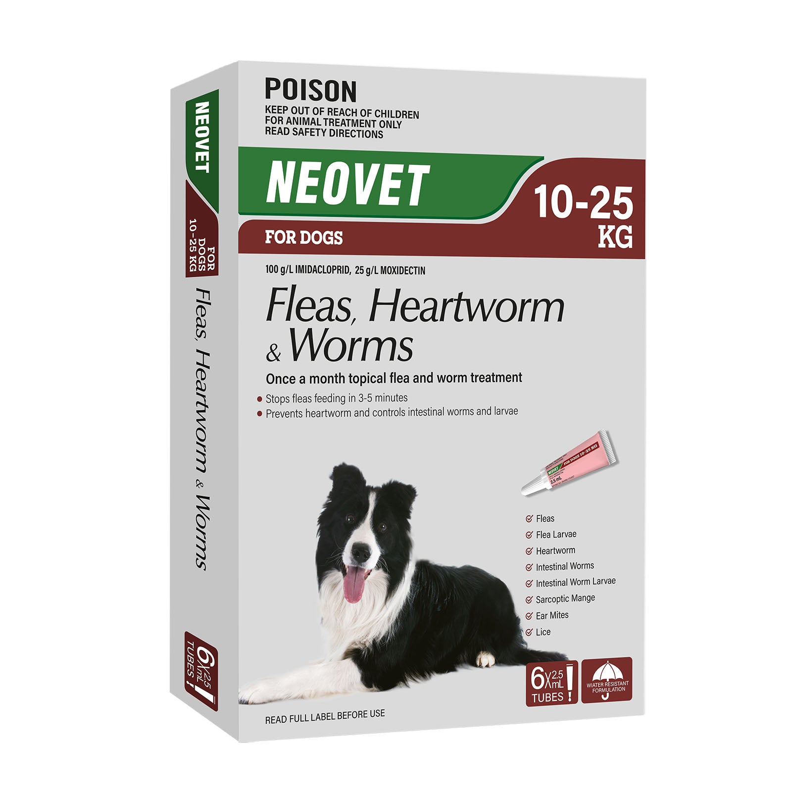 Neovet Fleas, Heartworm & Worms treatment packaging for dogs on a white background