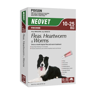 Neovet Fleas, Heartworm & Worms treatment packaging for dogs on a white background