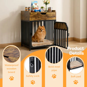 Dog crate with a dog inside, surrounded by product details on an orange background at Pet Servo