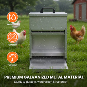 Metal chicken coop with rainproof, rustproof, and waterproof features in a grassy outdoor setting.
