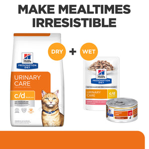 Hills Prescription Diet Urinary Care cat food products on a white background with text 'Make Mealtimes Irresistible'.